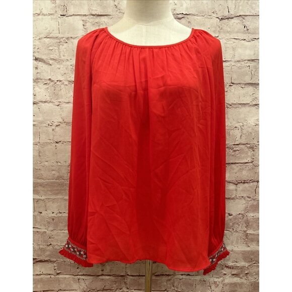 Crown & Ivy Womens XS Red Blouse Round Neck Long Sleeve Beaded Sequin Cuff NEW - Picture 1 of 4
